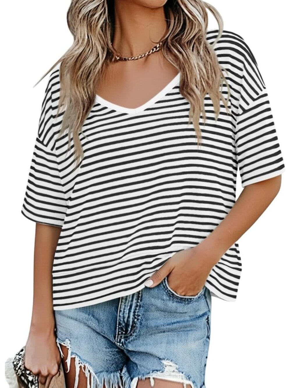 Women's White Stripe Summer V Neck T Shirts Casual Short Sleeve Tops Cute Loose